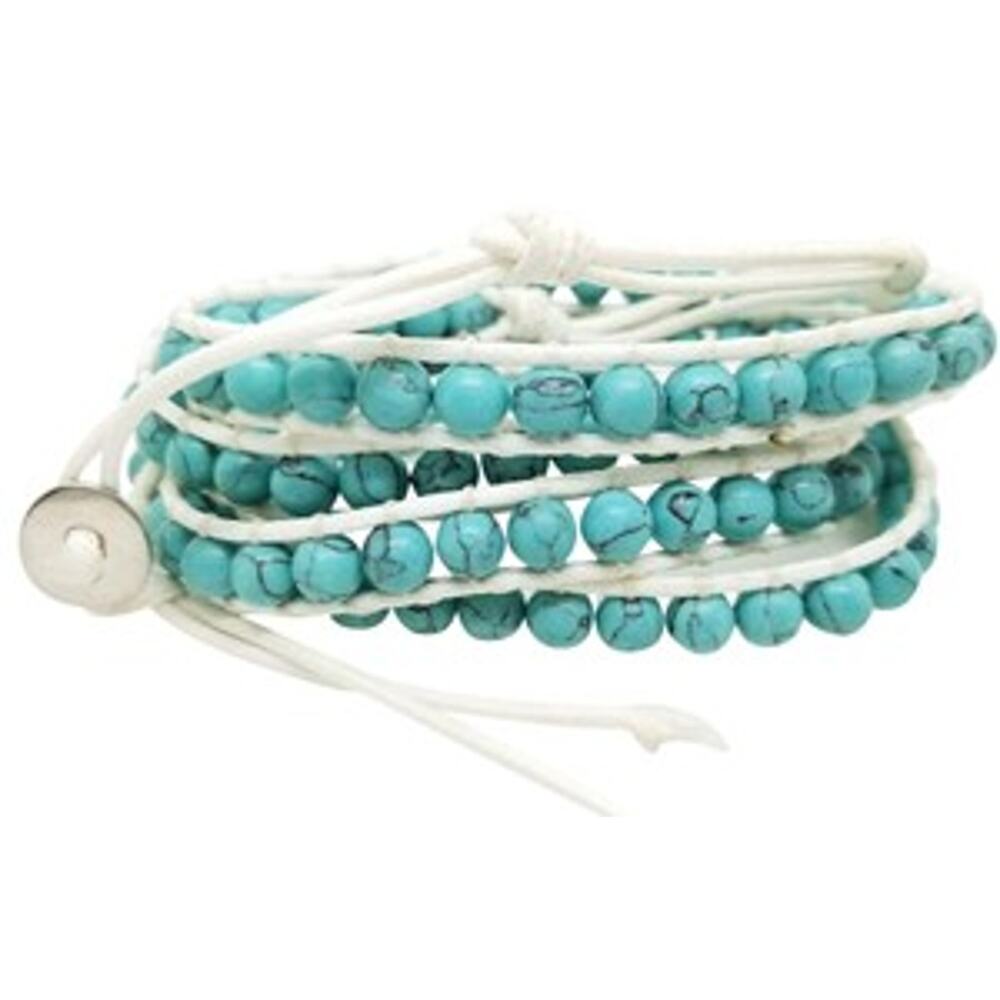 Turquoise Round Bead, wrap White Cord Bracelet 39"